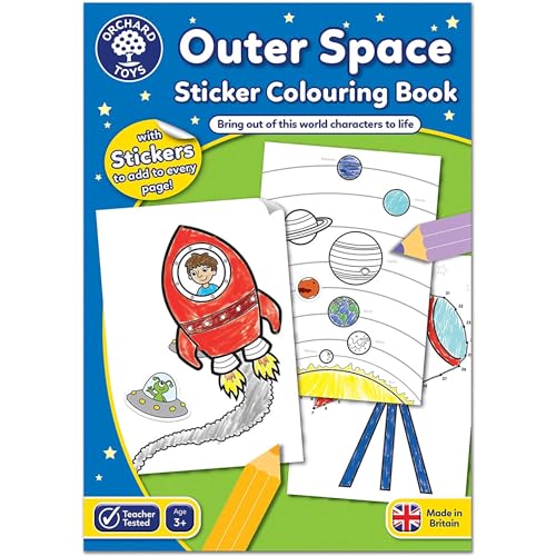 Orchard Toys Outer Space Sticker Colouring Book, Educational Activity Book, Space, Space Colouring Book, Kids Age 3 Years +, Perfect for Parties