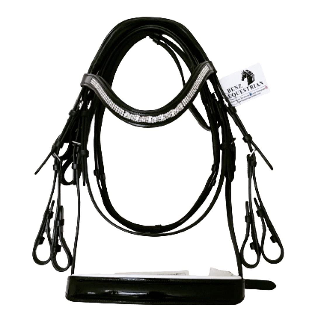 Benz Equestrian Black Patent Double Bridle with Crystal Browband and Noseband Padded Comfort Leather in Full/Large Size for Dressage โ image 1