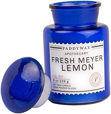 Paddywax Blue Apothecary Glass Scented Candle, Fresh Meyer Lemon