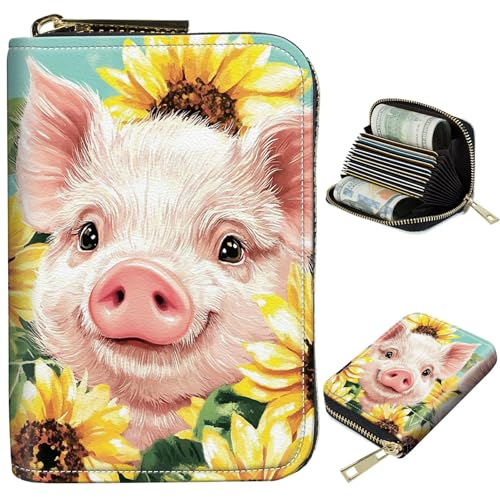 Image of Cute Credit Card Holder with Zipper, Pig Sunflowers RFID-Blocking Card Case Small Wallet for Women Men, Multi-slot Card Organizer Case Travel Accordion Wallet