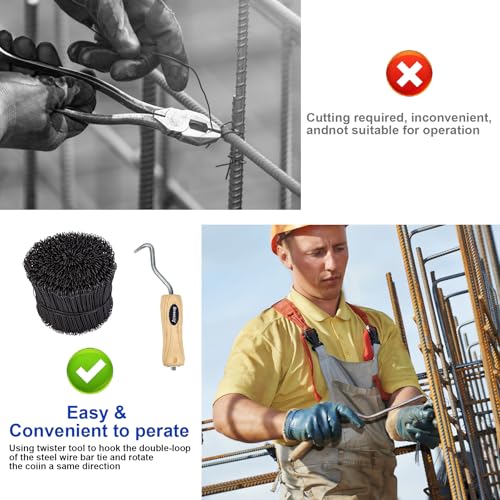 Image of 500pcs Rebar Wire Bar Ties, 6 inch Double Loop, 16 Gauge - Reinforcing Steel Bar Ties with Wooden Grip Handle for Concrete Construction,1 Gloves (500pcs with Wire Tie Twisters)