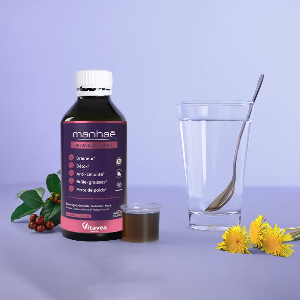 Manhaé - Draineur Expert - Draineur, Détox, Perte de Poids - Guarana, Baie de Goji, Grenade, Bardane, Queue de Cerise - 500ml - 10 jours - Saveur Cassis - Fabriqué en France - Vitavea (Lot de 2)