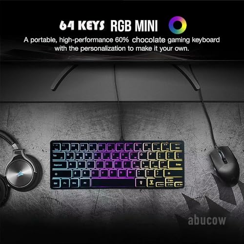 Image of abucow Backlit Mini Keyboard USB Wired Portable Mute Ultra-Compact Small Gaming Keyboard 64 Keys for PC /Mac Gamer Typist Travel Easy to Carry on Business Trip (Style 3)