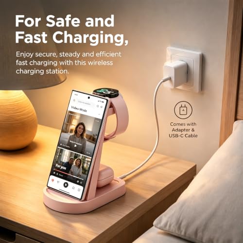 Image of Wireless Charging Station for Samsung /Android, Fast Wireless Watch Charger Station Compatible for Samsung Galaxy S26 Ultra /S25 /S24+ /Z Flip 7 /6 Fold 7 /6, Watch8 /7 /Pro /Active 2 Galaxy Buds3 /2 Pro(Pink)