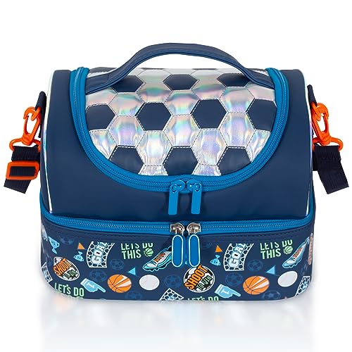 Kids Double Decker Cooler Insulated Lunch Bag, Back to School Large Meal Tote for Boys, Girls, Men, Women, with Adjustable Strap, Soccer
