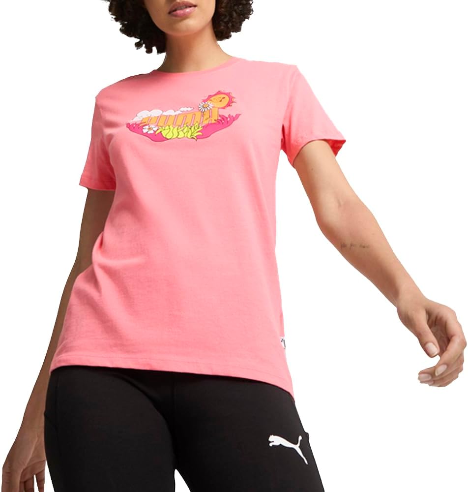 PUMA Womens Nature Inspired Logo Crew Neck Short Sleeve Casual Tops Casual - Pink - Size M