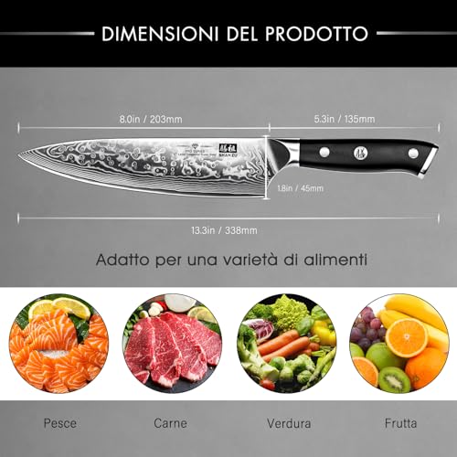 SHAN ZU Coltello da Cuoco Coltello da Cucina in Acciaio Damasco 20cm, Coltelli da Cucina Professionali Affilato ad Alto Tenore di Carbonio Super Acciaio 67 Strati con Manico G10 - immagine 5