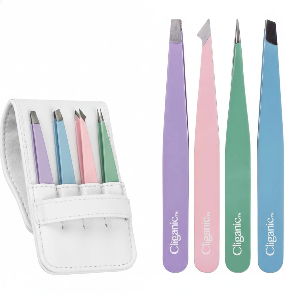 4-Piece Professional Tweezers Set with Case | Stainless Steel | Best Precision for Eyebrow, Splinter & Ingrown Hair Removal | Includes: Slant, Point, Straight, & Point/Slant