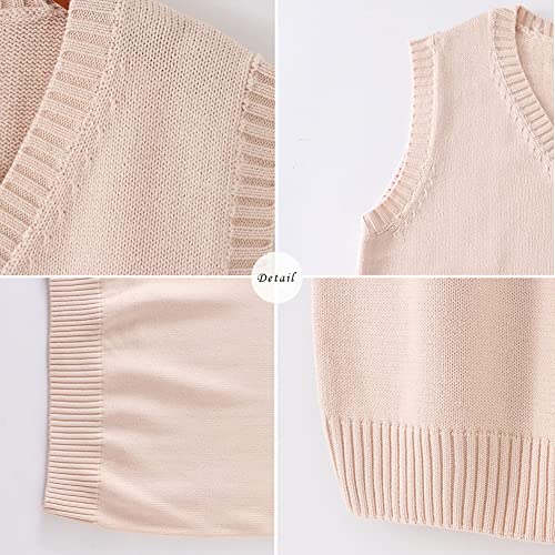 Blostirno Women’s Sweater Vest V Neck JK Uniform Kint Vests Solid Classic Sleeveless Pullover Sweaters Tops(Apricot L) - Thumbnail 2