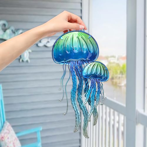 Joybee Home&Garden Joybee Ocean Jellyfish Wall Art Decor-Sea Life Nautical Home Hanging Decor-Glass&Metal Jellyfish Decoration For Pool,Beach,Patio,Living Room,Bathroom,Boat thumb #7
