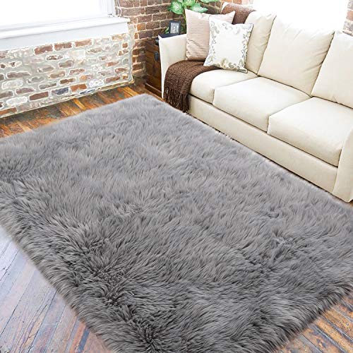 LOCHAS Grey Fluffy Faux Fur Rug for Living Room, Super Soft Sheepskin Area Rug Anti-Skid Yoga Mat Bedroom Floor Sofa Shaggy Silky Plush Bedside Rugs Carpet, 90 X 150cm, Grey