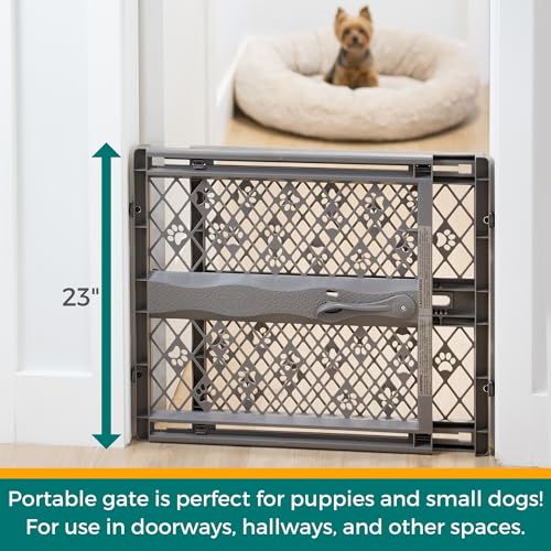 MYPET Paws Portable Pet Gate: 26-40" Wide Expandable, Pressure Mounted No Tools Needed, Durable Dog Gate for Doorways, Made in USA, 23" Tall, Fieldstone Gray