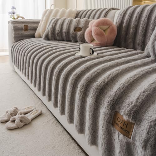 Huierxun Fuzzy Rabbit Plush Sofa Cover Thick Soft Fur Sectional Couch Cover Furry Fluffy Cushion Cover Non-Slip Sofa Slipcovers Vertical Stripe Furniture Protector for Dogs Cats(Light Grey,28"x28")