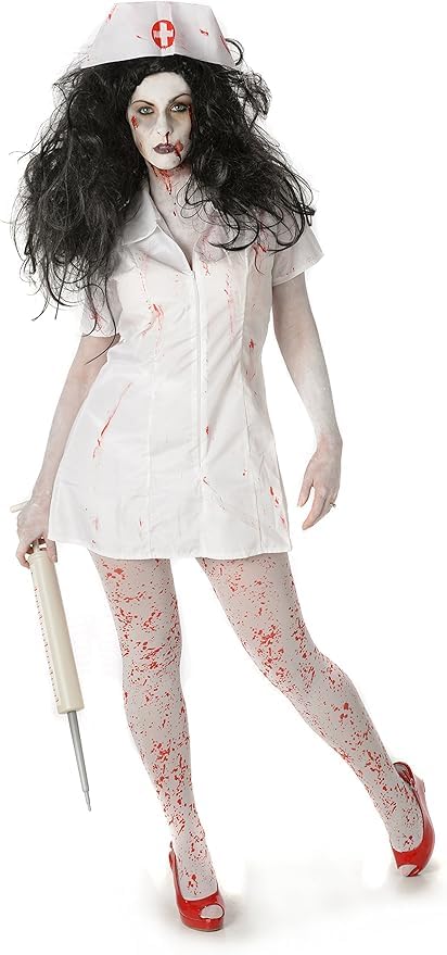 DocraShop Ltd Zombie Nurse Ladies Halloween Fancy Dress Costume, White with Blood Splatter, Medium (UK Size 14-16)