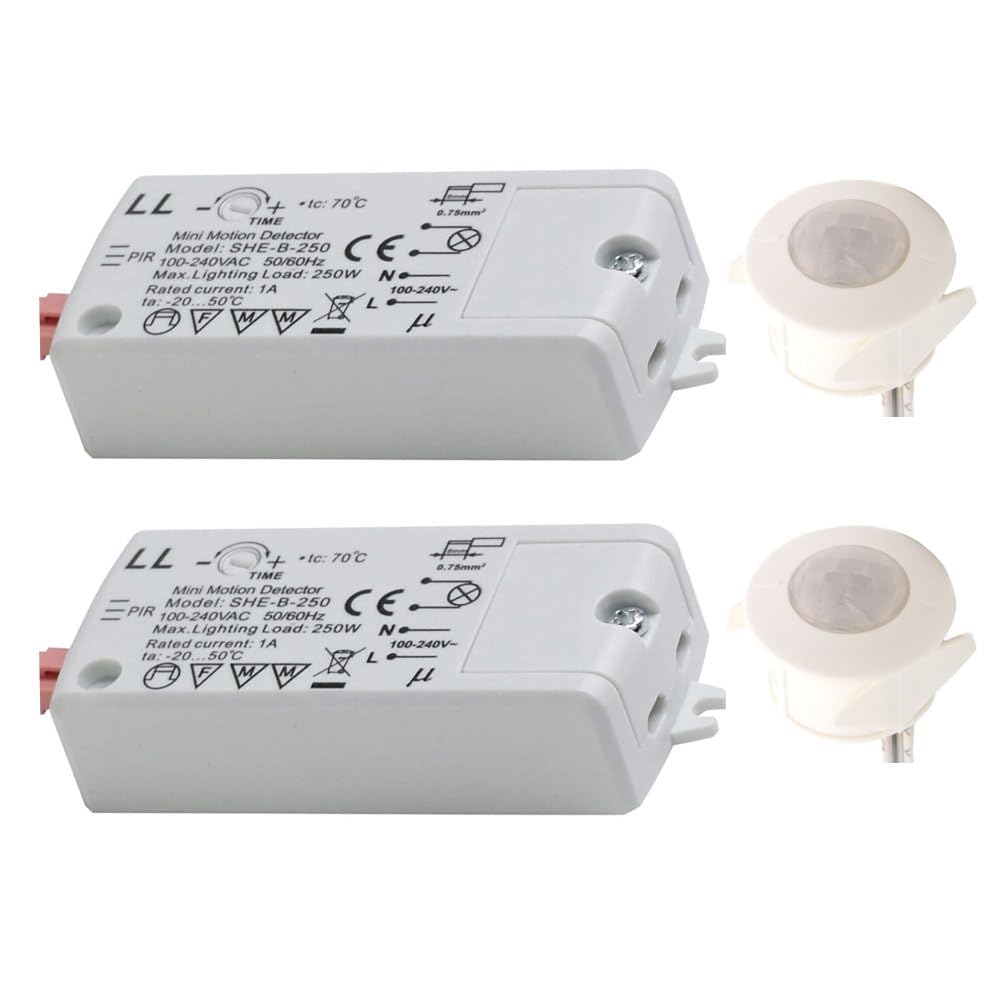 Britalia White 2 Pack - Round Fascia Pir Sensor Switch | Head Diameter 24.3Mm | 240 Volts | 250W Max Load | Adjustable Time Delay | 2.5M Range | 1.5M Cable