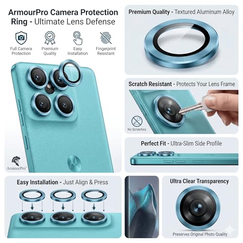 Image of ArmourPro UV Tempered Glass for Motorola Edge 60 Fusion 5G with Blue Camera Ring Guard Combo, Crystal Clear Screen Protector, Case Friendly, Anti-Scratch, Bubble-Free Installation Kit