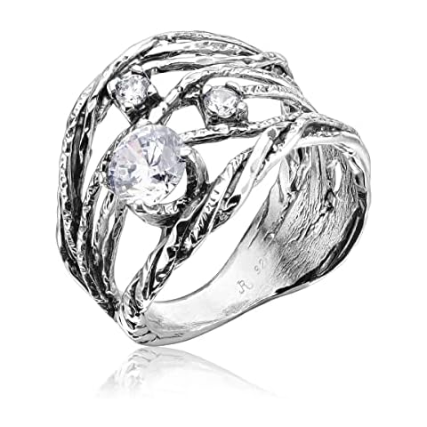 JEAN RACHEL JEWELRY 925 Sterling Silver Ring w/White Round Clear CZ Prong, Hypoallergenic, Nickel and Lead-free, Artisan Handcrafted Designer Collection, Made in Israel Cover