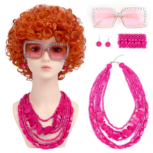 Image of Women Roper Curly Orange Red Cosplay Wig with Necklace Earrings and Sunglasses for Women Hallween Costume Wig