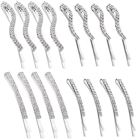 Folansy 16 Pieces Clear Rhinestone Bobby Pin Crystal Hair Pin Metal Hair Clips Decorations for Lady Women Girls,4 Styles Silver