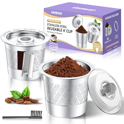 CAPMESSO Reusable K Cups for keurig: Refillable Stainless steel Coffee Pods for Keurig 1.0 Coffee Maker – Upgraded Dual-mesh Coffee Filters for Richer Coffee NO Grit, Eco-Friendly (2 Pack & 3 Rings)