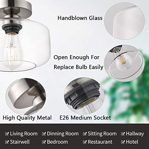 Tehenoo Semi Flush Mount Ceiling Light,Clear Glass Shade Light Fixtures Ceiling With Brushed Nickel Base For Hallway,Entryway,Porch #TOP4