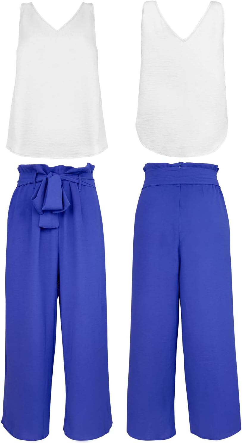 FANCYINN Womens 2 Piece Set V Neck Tank Wide Strap Tops High Waisted Cropped Paper Bag Pants with Belt