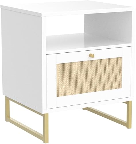 Miniatura 5 de Nathan James Mina - Mesa auxiliar auxiliar de madera de ratán con almacenamiento para sala de estar o dormitorio, juego de 2, blancodorado