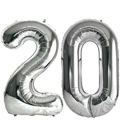 FIROMI 20 Number Balloons Silver Big Foil Mylar 20 Balloon Numbers 40-inch