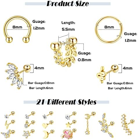 Kakonia 21Pcs 16G Cartilage Earrings Stud for Women Men 316L Stainless Steel Helix Stud Earrings Tragus Daith Conch Piercing Jewellery Nose Lip Clicker Ring CZ Barbell Stud Piercings Jewellery