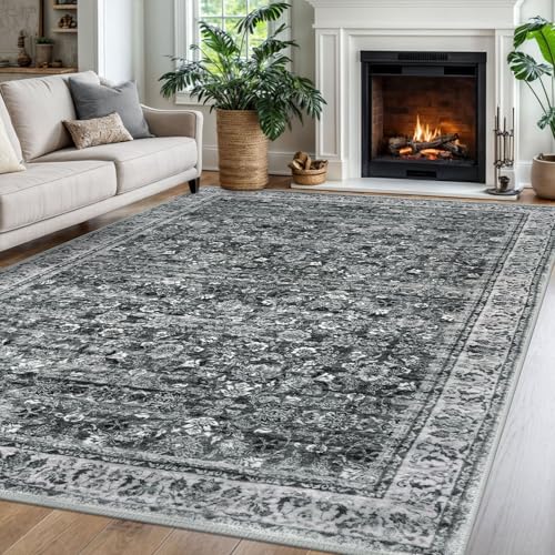 Moss Charcoal 6x9 Area Rug for Living Room, Large Washable Area Rugs for Bedroom, Soft Vintage Rug with Non-Slip, Non-Shedding Tribal Carpet for Farmhouse, Nursery, Playroom, Dining Room
