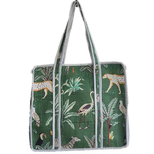 Image of 100% Cotton Jungle Print Shoulder Bag Tote Bag Women Reversible Shopping Bag and Grocery Bags Stylish Travel Bag Gift for Her
