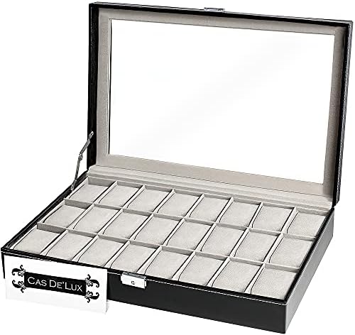 Watch Box Organizer Pillow Case 24 Slot Display Cases With Framed Glass Lid Elegant Contrast Stitching Sturdy and Secure Lock for Men Women Watch and Jewelry Large Holder Boxes