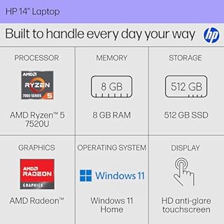 HP 14 inch Laptop, HD Touchscreen Display, AMD Ryzen 5 7520U, 8 GB RAM, 512 GB SSD, AMD Radeon Graphics, Windows 11 Home, Natural Silver, 14-em0499nr