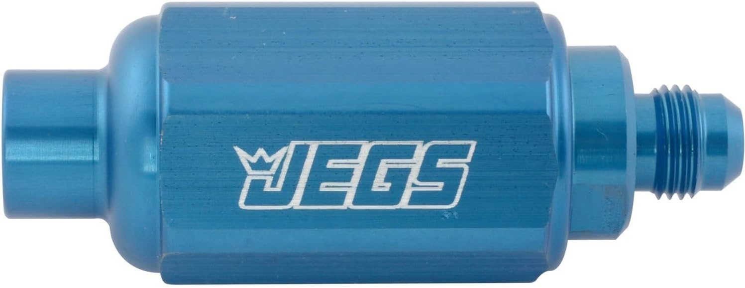 JEGS Compact Billet In-Line Fuel Filter | -6 AN Male/Female Fittings | Blue | Length 2 5/16in. | Compatible With Gas Or Alcohol | 40 Micron | Flows Up To 130 GPH @ 75 PSI | Made In USA