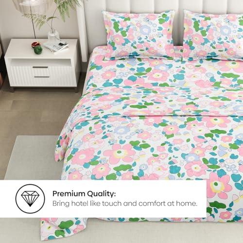 Image of Rivermoor 200 TC Ultrasoft Cotton Bedsheet for Double Bed | Queen Size Bed Sheet with 2 Pillow Covers | Pink Floral Print | 88 x 96 Inches | Breathable & Hypoallergenic