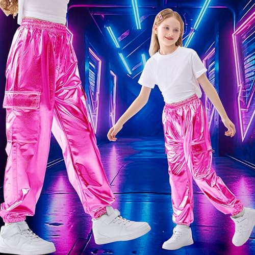 Image of Rolanko Girls Shiny Metallic Cargo Pants, Sparkle Jogger Pants for Girls Hip Hop Dance Streetwear Cargo Trousers 6-15 Years