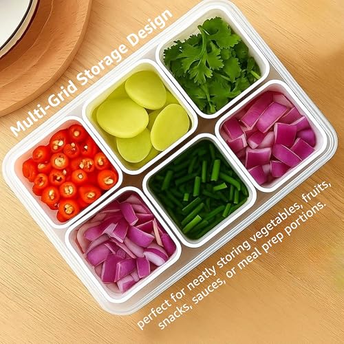 Image of Amazon Brand - Solimo Plastic Fridge Containers Set | 6-Grid Airtight Refrigerator Storage Boxes with Lids | Freezer & Kitchen Organizer (Pack of 2, White)