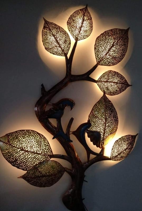 Image of Bharat Art Metal Tree Wall Art with LED Light for Living Room | Handcrafted Iron Tree Wall Hanging Home Decoration for Bedroom, Hall, Office & Entrance | 2 Bird Tree | 48 x 02 x 36 inch | W039