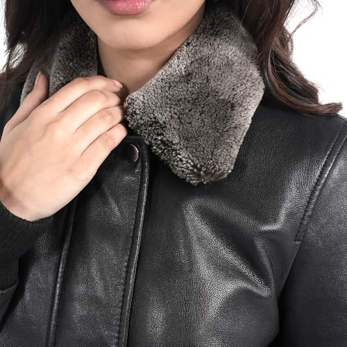 STREGA Womens leather jacket Lambskin Bomber Jacket-detachable snow top faux fur collar Black Leather jacket women.3
