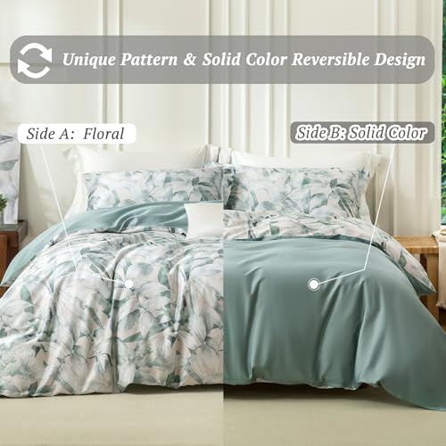 MILDLY Cal King Size Duvet Cover Set 100% Long-Staple Cotton Luxury Sage Green Leaves Patten Reversible Comforter Cover Set 3Pcs