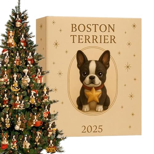 Calendrier de l'Avent 2025 Boston Terrier avec 24 pendentifs acryliques pour déco de Noël