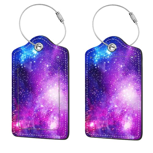 2 Pcs Luggage Tags for Suitcase, Cute Unique PU Leather Travel Bag Tag with Privacy Cover ID Label Address Card and Durable Metal Ring Suitable for Men Women Children Backpack,Purple Star River