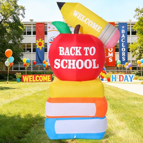 GOOSH 5.2FT Back to School Inflatables Outdoor Decorations Multi-Colored Blow up Apple & Books with Built-in LEDs for School Party Kindergarten Preschool Graduation