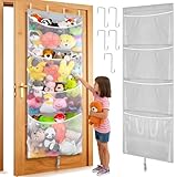 Woodoulogy Hanging Stuffed Animal Storage, Over Door Large Plush Toy Organizer with Metal Hook, Baby Accessory Holder Idea for Nursery, Doll & Bear Mesh Hammock Bag for Girl Boy Kid Room