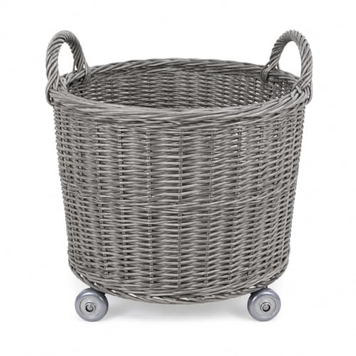 SZLIFE Panier en osier gris avec roulettes, grand panier de rangement pour, 42x42x45cm, pour cheminée et salon