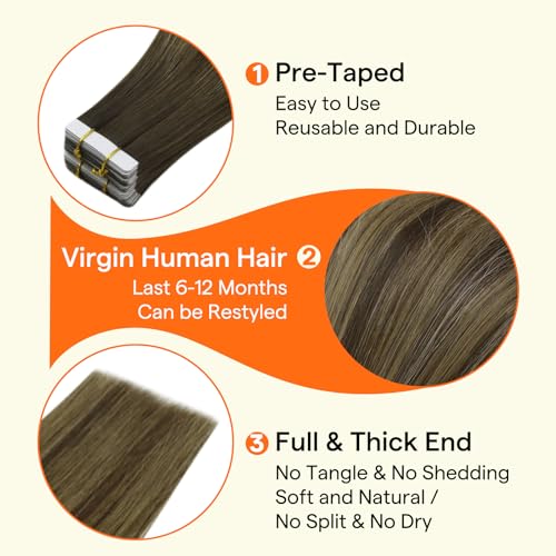 Image of Full Shine Insert Virgin Tape in Hair Extensions Color Balayage Medium Brown to Blonde and Brown 14 Inch Intact Human Hair Invisible Tape in Extensions 10Pcs 25Grams Quick Install for Office Look
