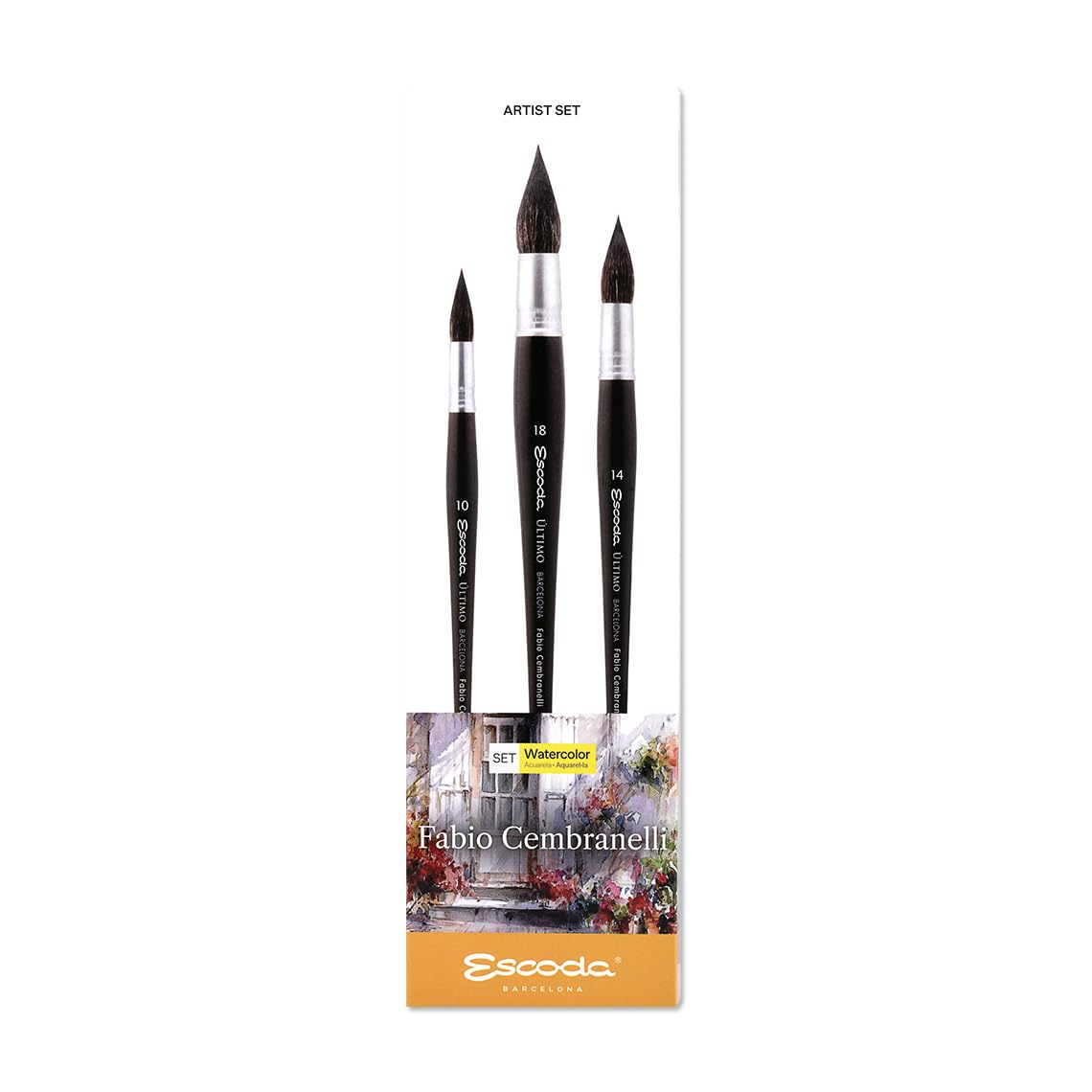 ESCODA Set 3 Pennelli Acquerello - N.10,14,18 Tondo Piuma Fibra Sintetica Petit Gris Set #1 Fabio Cembranelli Serie Ultimo Professionale Fatto a Mano a Barcellona.