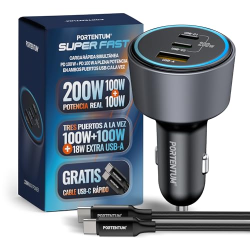 PORTENTUM Triple Cargador Coche Carga Rapida 200W – Regalo Cable USB C Fast Charge – 2X USBC PD 100W + USBA QC 18W – Accesorio Mechero - para Macbook Portátil iPhone iPad Tablet Smarphone Galaxy