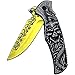 HOLYEDGE 7.8-in Tactical Folding Pocket Knife with 3.3-in Gold Mirror Blade, 3D Skull Handle, with Pocket Clip, Liner Lock and Auxiliary Opening for Outdoor Camping Survival Knives