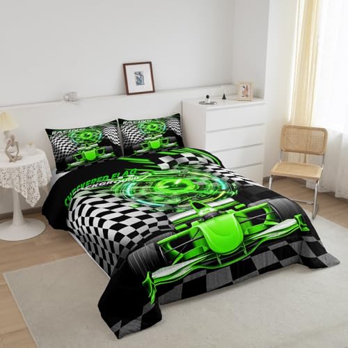 Image of Feelyou Kids Green Racing Car Bedding Set Twin Size, Extreme Sports Comforter Set Boys Girls Karting Road Duvet Insert Teens Bedroom Decor Microfiber Bed Set